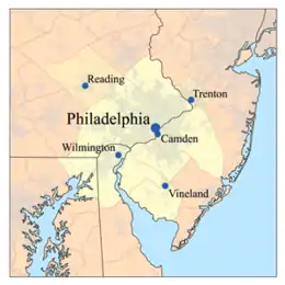 Map of the Lower Delaware Valley metropolitan area with most of the area highlighted in yellow; other parts of the Delaware Valley include Atlantic and Cape May counties in South Jersey, and Dover in northern Delaware