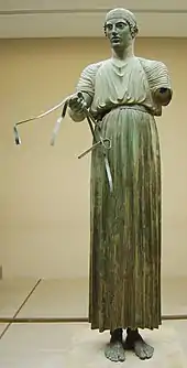 The Charioteer of Delphi was dedicated to the god Apollo in 474 BCE by the tyrant of Gela in commemoration of a Pythian racing victory at Delphi.