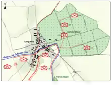 Colour map image depicting town and wood to the right of the town. Shows main access routes and positions of Allied and German forces on 14 July 1916