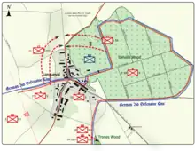 Colour map image depicting town and wood to the right of the town. Shows main access routes and positions of Allied and German forces on 16 July 1916