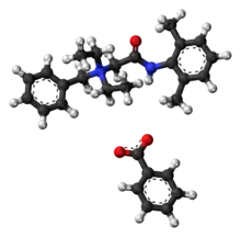 Ball-and-stick models of the both ions in denatonium benzoate