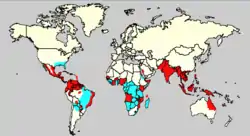 World map showing the countries where the Aedes mosquito is found (the southern US, eastern Brazil and most of sub-Saharan Africa), as well as those where Aedes and dengue have been reported (most of Central and tropical South America, South Asia and Southeast Asia and many parts of tropical Africa).