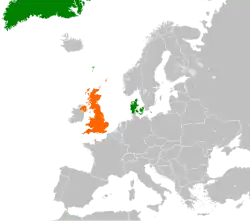 Map indicating locations of Denmark and United Kingdom