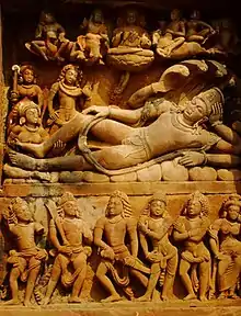 Maha Vishnu sleeping, protected by Shesha, Dashavatara Temple, Deogarh. Sculpted by Gupta Empire around 400 CE.