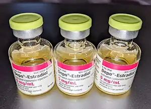 Depo-Estradiol 5 mg/mL (estradiol cypionate in oil solution) vials. Used by depot intramuscular injection.