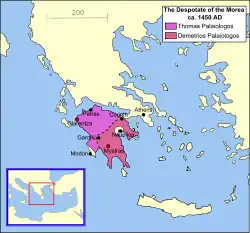 The Despotate of the Morea in 1450, divided between the two brothers, Thomas and Demetrios Palaiologos