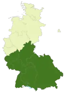 A map of West Germany and West Berlin with the location of the 2. Bundesliga Süd highlighted