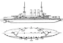 The ship had a large ram bow, three tall smoke stacks, and two large masts. The sides of the hull carried armor across a wide section of it.