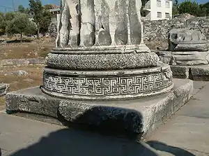 Ancient Greek meanders on the base of a column from the ruins of the Temple of Apollo at Didyma, Turkey, unknown architect or sculptor, c.300-150 BC