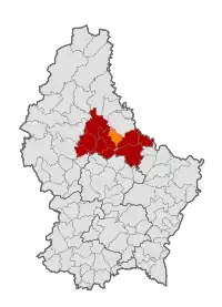 Map of Luxembourg with Diekirch highlighted in orange, and the canton in dark red