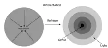 A diagram of Earth's differentiation. The diagram displays Earth's different layers and how dense materials move towards Earth's core.