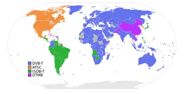 Digital terrestrial television broadcasting systems. Countries using ATSC are shown in orange.