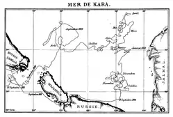 Map of the Kara Sea drift of steamship Dijmphna in 1882–83. This venture would have discovered the land now known as Severnaya Zemlya had it been successful.