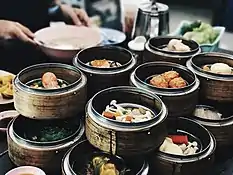 An assortment of items in a Dim Sum breakfast meal