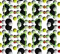 Structure of pyroxene looking along the silica chains. "I-beams" are outlined in green. Silicon ions are oversized to emphasize the silicon chains.