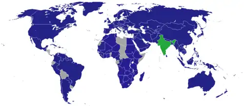 Diplomatic missions of India (blue) & HQ and domestic offices (green)