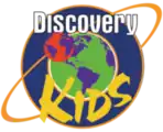 The logo of a Latin American children's TV channel, showing a planet followed by the word "Discovery" in a white font and the word "Kids" in yellow.