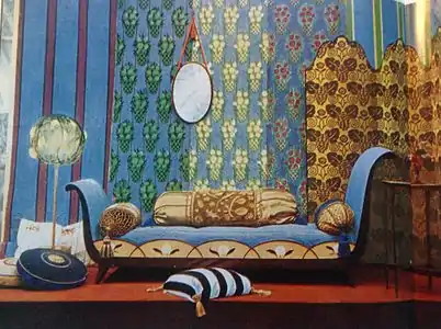 Display of early Art Deco furnishings by the Atelier français at the 1913 Salon d'Automne from Art et décoration magazine (1914)