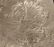 Probable delta in Eberswalde crater, as seen by Mars Global Surveyor.  Image in Margaritifer Sinus quadrangle.