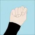 I am stuck: Thumb clenched between forefinger and middle finger of fist.