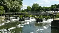 A complicated series of broad-crest and V-notch weirs at Dobbs Weir in Hertfordshire, UK