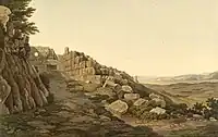 Painting of the Lion Gate at Mycenae, blocked with earth.