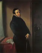 painting of prosperous-looking man in fur-collared black coat