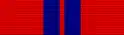 Red ribbon with two dark blue stripes close to the center