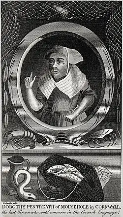 Dolly Pentreath (a Cornish fish jowster), in an engraved portrait published in 1781