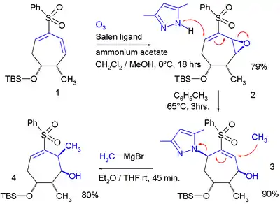 A diene epoxide (from Jacobsen epoxidation) adds a pyrazole with an allylic shift.  Then methylmagnesium bromide expulses the pyrazole with another allylic shift, returning the remaining double-bond to its original position.