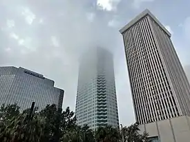 Bank of America Plaza on a foggy day (December 2020).