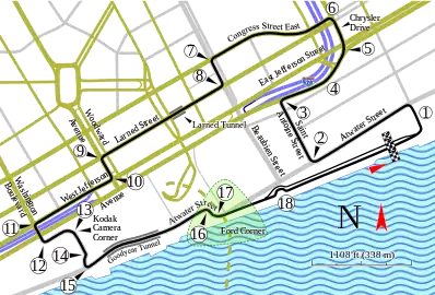 Map view of downtown Detroit with the race course lined out in black.