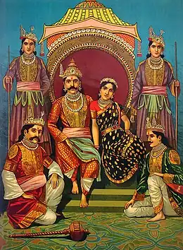 Illustration of Draupadi, a princess and queen in the ancient Indian epic "Mahabharata", with her five brother husbands