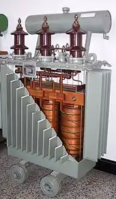 Utility transformer cutaway shows inductively coupled coils