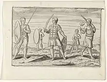 Late-16th-century print of five warriors with weapons