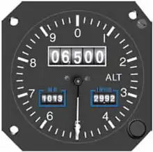 An illustration of a new-style altimeter that demonstrates how the rotating drums and single needle appears to the pilots