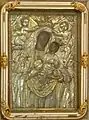 "Our Lady of the Harbor" with a painting of "Madonna and Child", framed by a silver relief