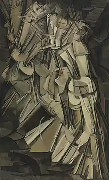 Marcel Duchamp, 1912, Nude Descending a Staircase, No. 2, oil on canvas, 147 cm × 89.2 cm, Philadelphia Museum of Art. Exposició d'Art Cubista, Barcelona, 1912