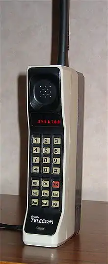 A Motorola DynaTAC 8000X, a brick phone from 1984