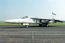  Jet aircraft with pointed nose parked on ramp.