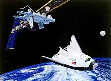 Painting of spaceplane departing Space Station Freedom