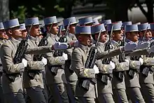 Lines of military men holding guns and marching forward in uniform