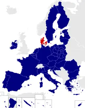 Map of the European Parliament constituencies with Denmark highlighted in red