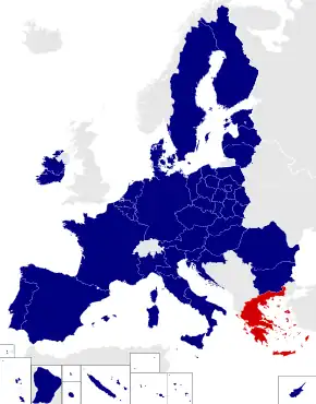 Map of the European Parliament constituencies with Greece highlighted in red