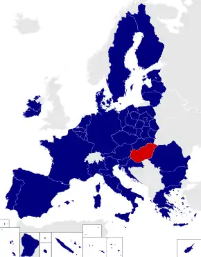 Map of the European Parliament constituencies with Hungary highlighted in red