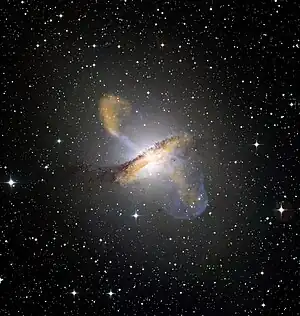 An image of the galaxy Centaurus A made by combining images from the MPG/ESO telescope, and the Chandra X-ray Observatory. It is the only known case of an "Elliptical Starburst" galaxy.