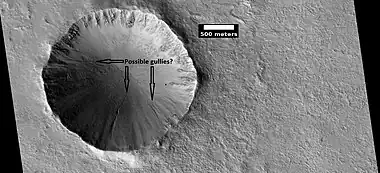 Relatively young crater with possible gullies, as seen by HiRISE under HiWish program