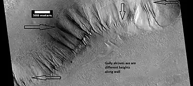 A variety of gullies originating at different levels are visible in this HiRISE image that was taken under the HiWish program.