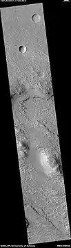 Wide view of layered terrain, as seen by HiRISE under HiWish program. Note: parts of this image are enlarged in the next three images.