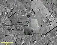 Composite demonstrating relative resolution of seven different cameras that imaged Mars:HiRISE (Mars Reconnaissance Orbiter), THEMIS VIS (Mars Odyssey), MOC-WAC (Mars Global Surveyor), HRSC (Mars Express), CTX (Mars Reconnaissance Orbiter),  Viking, Mariner 4.  Location is Memnonia quadrangle.